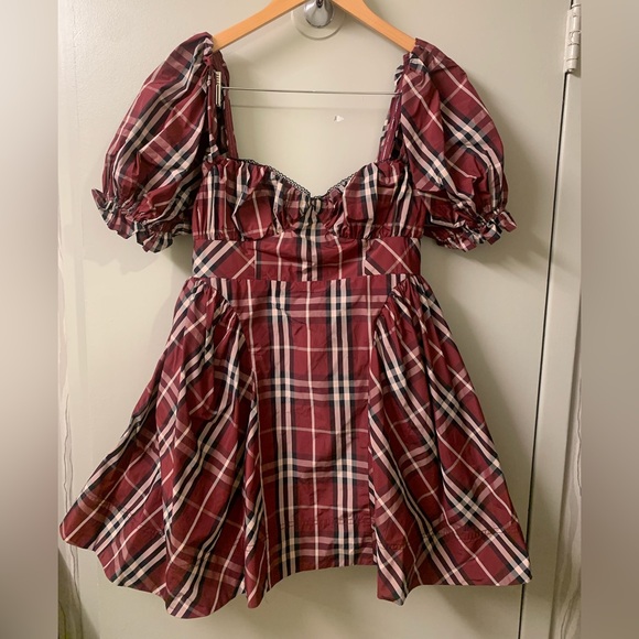 Anthropologie Maeve Maroon Tartan Plaid Puff Sleeve A-Line Mini Dress Small NWT - Picture 2 of 9